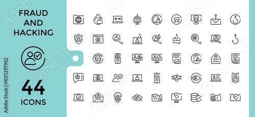 Fraud and hacking line icons set. Big UI icon set in a flat design. Thin outline symbol pack. Editable and pixel perfect.