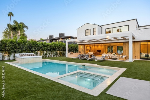 Modern luxury home with pool and patio.