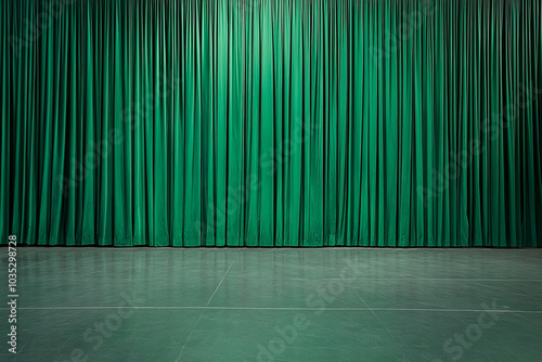 Green stage curtain in an empty theater or event hall. Ideal for themes related to presentations, performances, stage design, theater, and entertainment photo