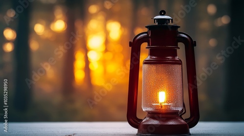 Glowing Lantern with a Burning Flame Against a Blurred Sunset Background in the Woods