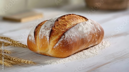 Loaf of bread with wheat and flour on white wooden surface ideal for bakery themes