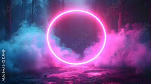 Glowing Pink Circle in a Mystical Forest with Fog and Smoke