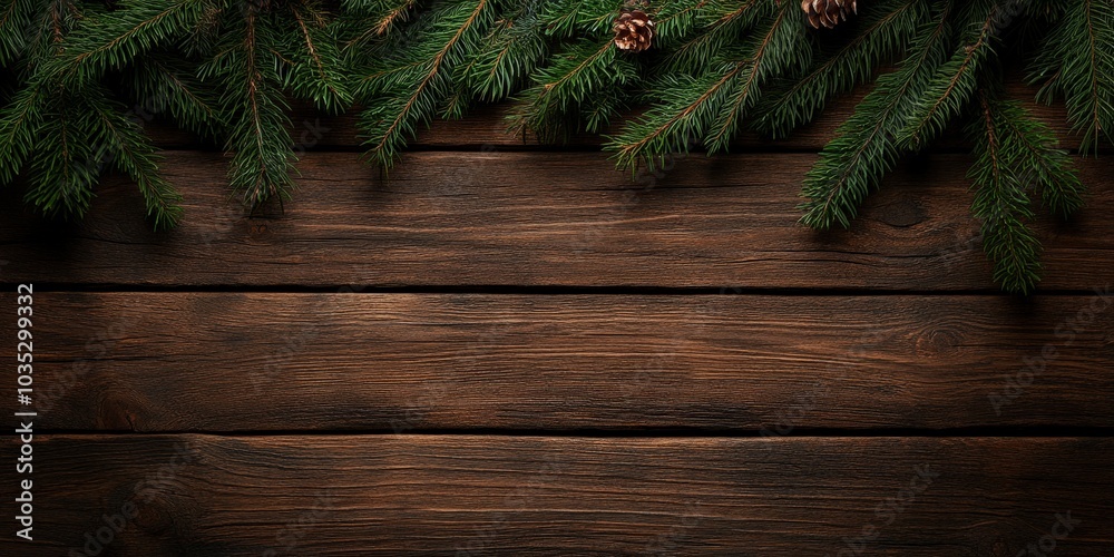 Rustic Wood Background with Pine Branches and Cones Rustic Wood Background with Pine Branches and Cones