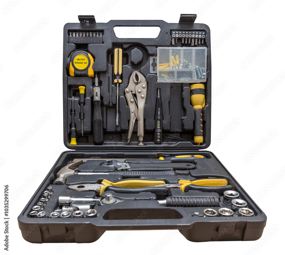 Toolbox set of tools include hammer wrench bit driver pliers hex key bush level hex key Toolbox set of tools include hammer wrench bit driver pliers hex key bush level hex key