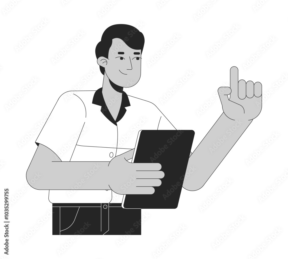Administrator supervisor indian man clipboard finger up black and white 2D line character. South asian male inspector pointing up isolated vector outline person. Monochromatic spot illustration
