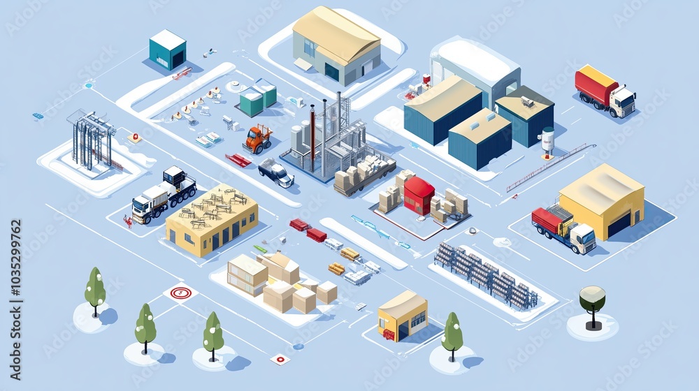 Isometric view of entire supply chain process from factory to consumer, illustrated infographic style, illustration Isometric view of entire supply chain process from factory to consumer, illustrated infographic style, illustration