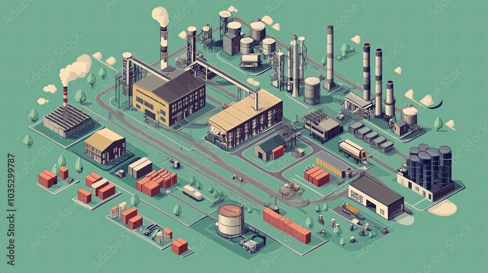 Isometric view of entire supply chain process from factory to consumer, illustrated infographic style, illustration Isometric view of entire supply chain process from factory to consumer, illustrated infographic style, illustration