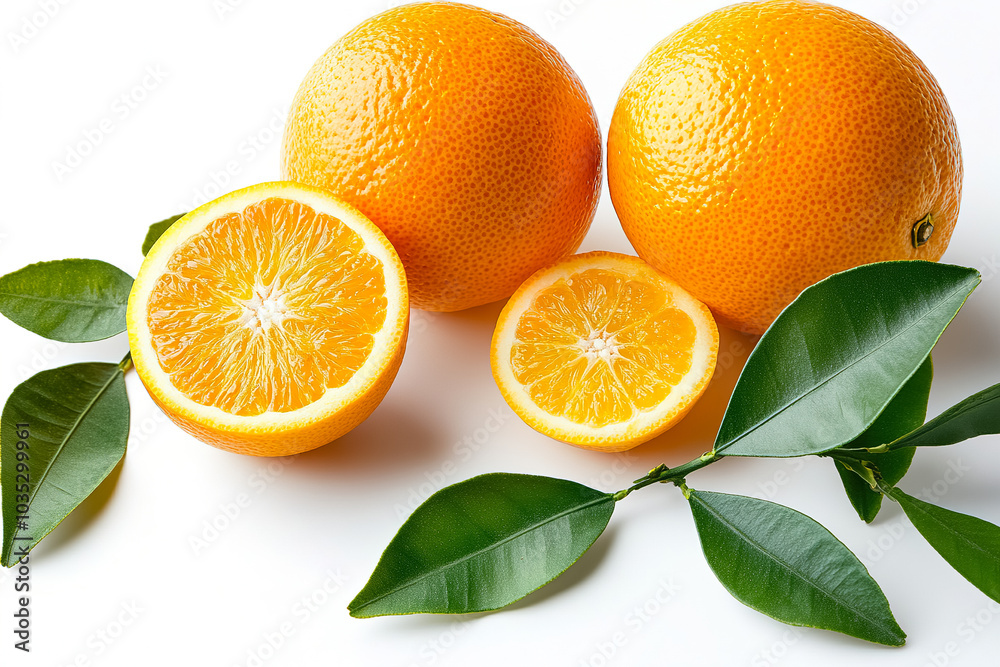 Fototapeta premium Fresh oranges displayed with vibrant green leaves on a light background for a nutritional and colorful composition. Generative AI