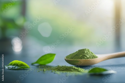 Green matcha powder on a wooden spoon on a table, with a few leaves around it  photo