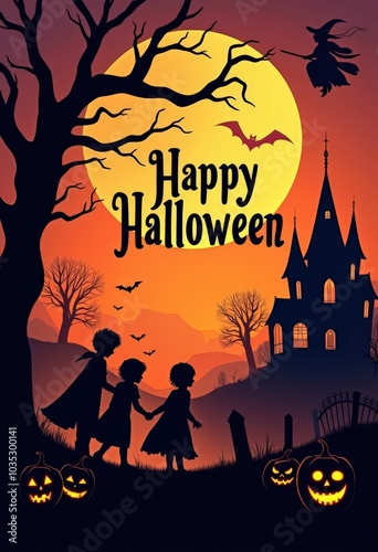 A silhouette Halloween scene with a witch, haunted house, trick-or-treaters, and a spooky graveyard. 魔女、幽霊屋敷、トリックオアトリートの子供たち、不気味な墓地が描かれたハロウィンのシーン。