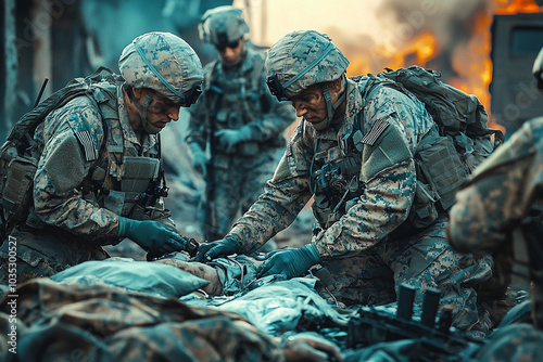 Soldiers provide medical assistance during a nighttime combat rescue