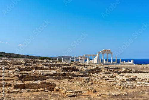 Obraz na płótnie The ancient ruins of the sanctuary of Apollo at Despotiko Island, Greece, showcase magnificent marble columns and stone walls against the backdrop of the blue Aegean Sea. w salonie