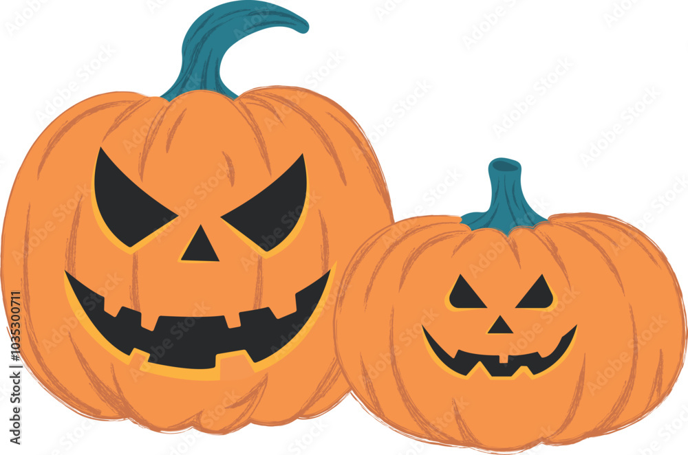 Fototapeta premium Illustration of Two Pumpkin for Halloween with Spooky Faces in Flat Style on White Background. Vector