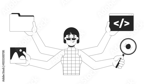 Multitasking woman programmer black and white 2D line character. Managing tasks. Multi hands korean female coding computer engineer isolated vector outline person. Monochromatic spot illustration