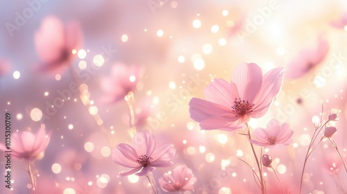 A charming scene of summer flowers against a bokeh background, where pastel colors and gentle sparkles create a magical, ethereal effect reminiscent of warm, sunny days.