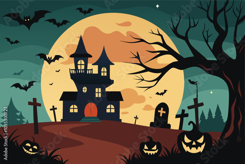 Dark haunting trees and bats swirling around a menacing, hunted castle against a glowing full moon background - Generative AI
