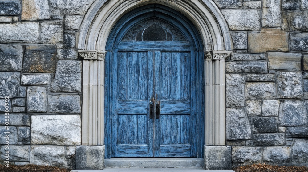 A charming, weathered blue door with a classic archway sits closed in a historic stone building, embodying the character and beauty of aged architecture and timeless elegance A charming, weathered blue door with a classic archway sits closed in a historic stone building, embodying the character and beauty of aged architecture and timeless elegance