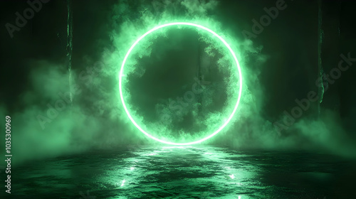 Glowing Green Circle with Smoke in a Dark Setting