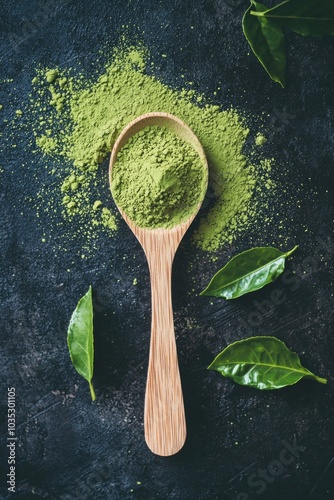 Green matcha powder on a wooden spoon on a table, with a few leaves around it  photo