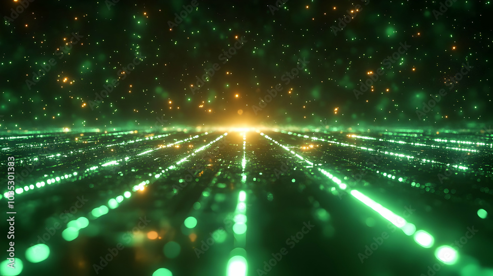 Naklejka premium Abstract Green Lights and Glowing Lines Create a Futuristic Landscape