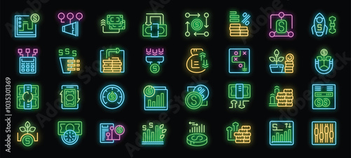 Glowing neon icons representing concepts of venture capital investing such as business plans, funding, startups, and more