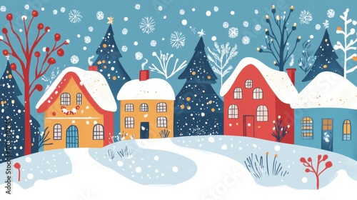 A cute Christmas winter scene with snow-covered houses, twinkling lights, and festive decorations in a charming illustration style