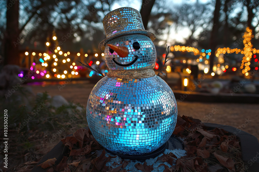 Fototapeta premium Disco ball snowman. Happy snowman made from disco balls. Christmas celebration, winter season, holiday eve party. Christmastime, party decorations and dancing in nightclub theme