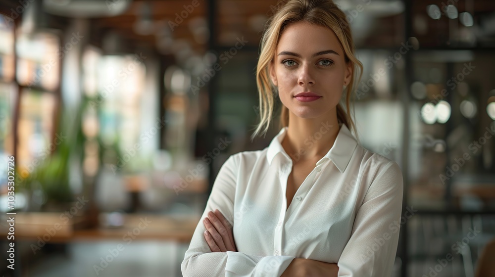 A confident young woman with her arms crossed, looking directly at the camera, wearing a white blouse in an office setting. A confident young woman with her arms crossed, looking directly at the camera, wearing a white blouse in an office setting.