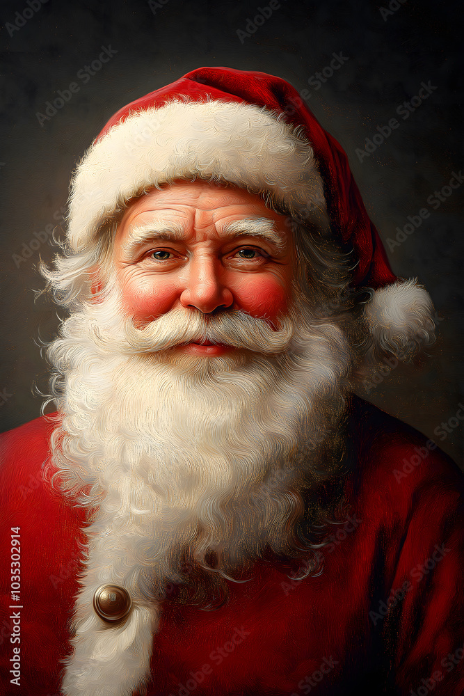 Jolly Santa Claus painting with warm smile for Christmas, Xmas greeting card print for celebrating magic of festive season Jolly Santa Claus painting with warm smile for Christmas, Xmas greeting card print for celebrating magic of festive season