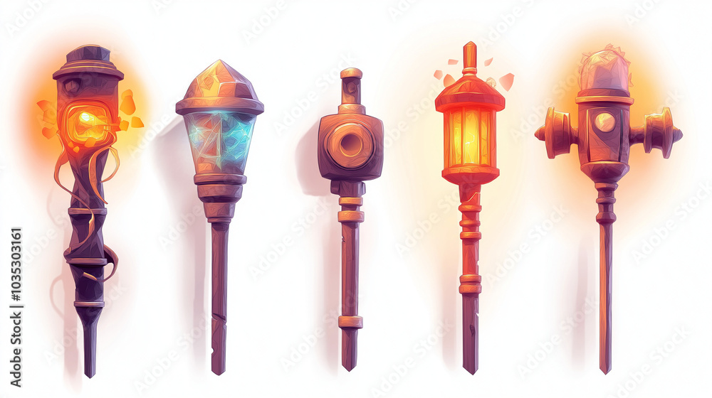 Set of five cartoon fantasy torch designs, perfect for game assets. Set of five cartoon fantasy torch designs, perfect for game assets.