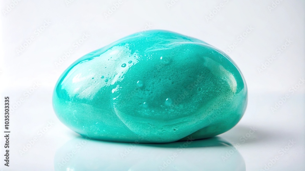 A single glob of turquoise slime sitting on a pristine white background, surrounded by an aura of calm and serenity, minimalist aesthetic, color contrast, subtle details A single glob of turquoise slime sitting on a pristine white background, surrounded by an aura of calm and serenity, minimalist aesthetic, color contrast, subtle details