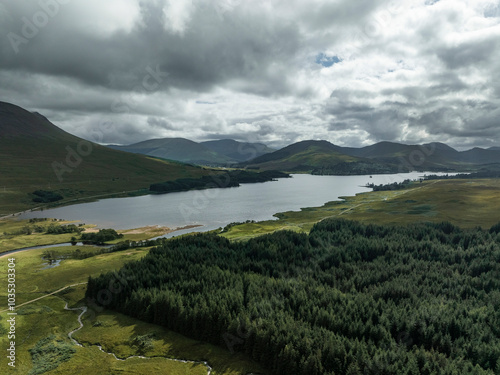 Aerial view of serene Loch Tulla surrounded by majestic mountains and lush forest, Bridge of Orchy, Scotland. photo