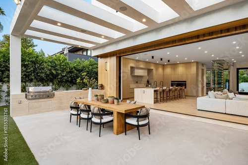 Modern open-plan kitchen and outdoor dining area.