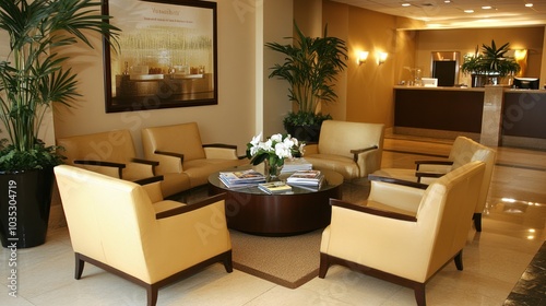 A Luxurious Lobby with Cream-Colored Armchairs and Palm Plants