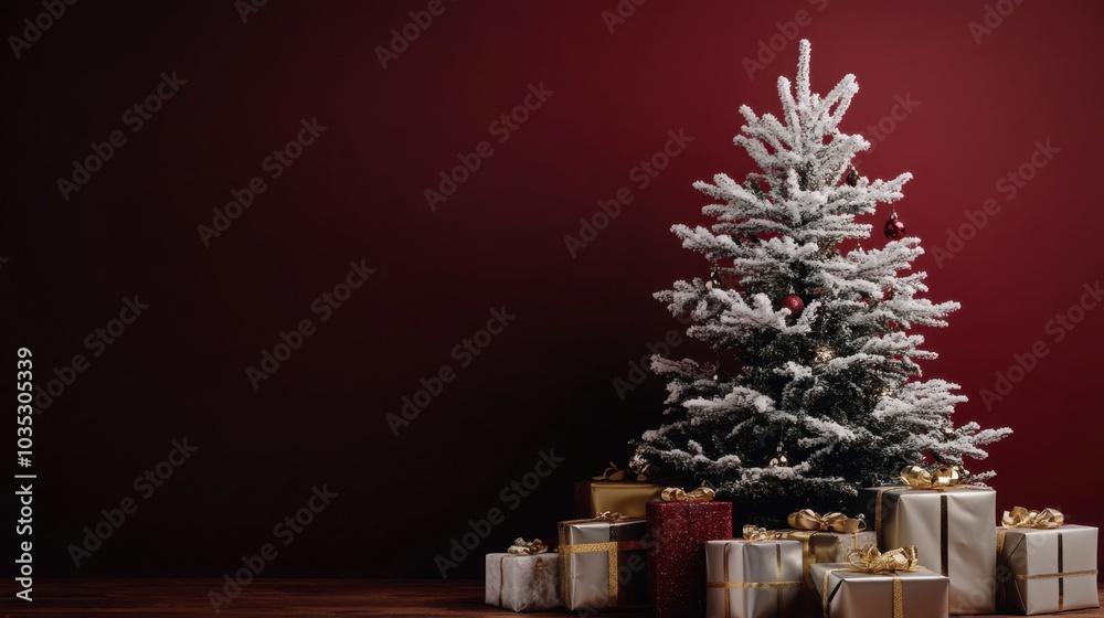 A festive holiday scene showcasing a snow-sprayed Christmas tree standing alongside luxurious silver and gold gift boxes, against a dramatic dark red wall.