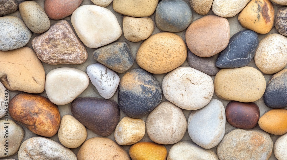 A textured surface of various smooth stones in earth tones, displaying a natural pattern and diversity in shape and color. A textured surface of various smooth stones in earth tones, displaying a natural pattern and diversity in shape and color.
