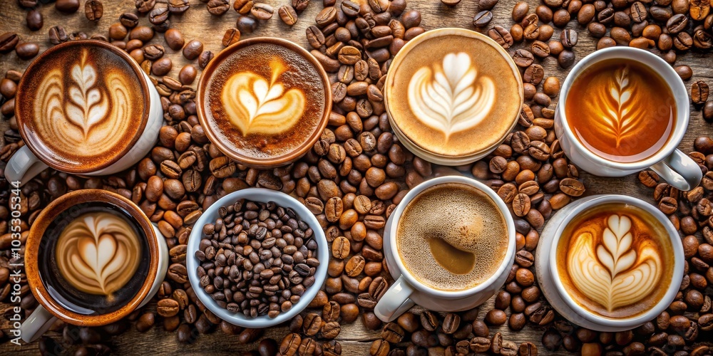 Coffee Latte Art with Beans, Top View Composition, Coffee Beans, Latte Art, Coffee Cup ,coffee, latte art Coffee Latte Art with Beans, Top View Composition, Coffee Beans, Latte Art, Coffee Cup ,coffee, latte art