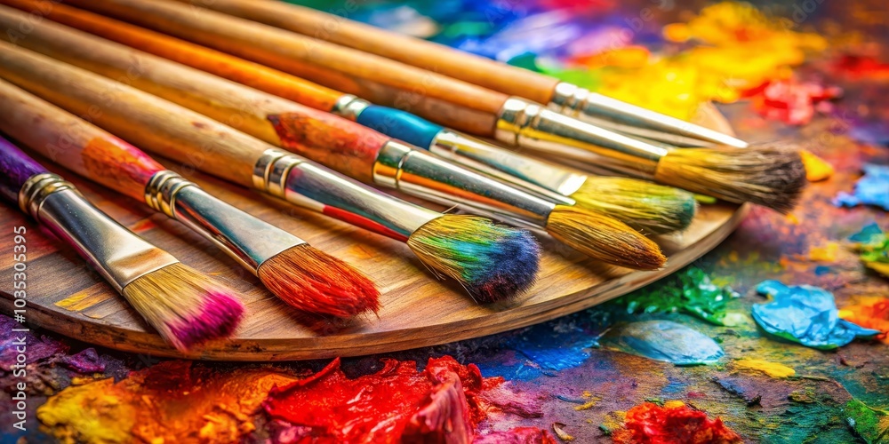 Fototapeta premium Colorful Paintbrushes on Palette, Artist, Art Supplies, painting, art, brush