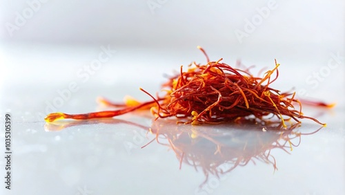 A single saffron thread dripping with a gelatinous substance onto a pristine white surface, isolated from the surrounding environment, experiment, beauty, art