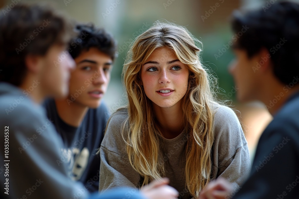 Group of students having discussion in college, Generative AI Group of students having discussion in college, Generative AI