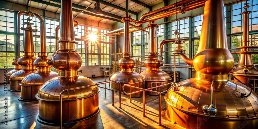 Copper Stills in a Distillery, Sunlight, Industrial, Brewery ,distillery, brewing Copper Stills in a Distillery, Sunlight, Industrial, Brewery ,distillery, brewing