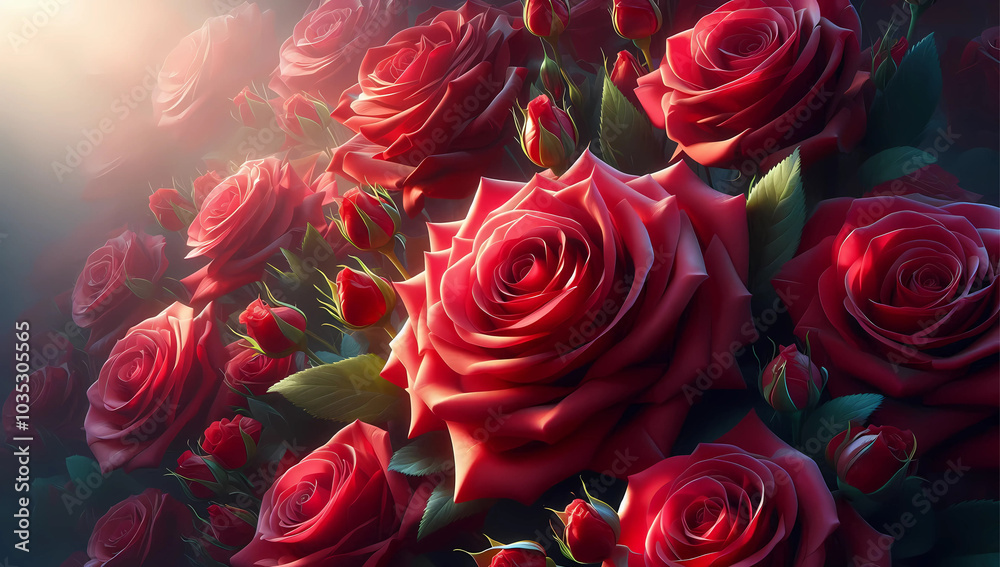 Radiant Red Rose Bouquet with Dew-Kissed Petals in Sunlight Radiant Red Rose Bouquet with Dew-Kissed Petals in Sunlight