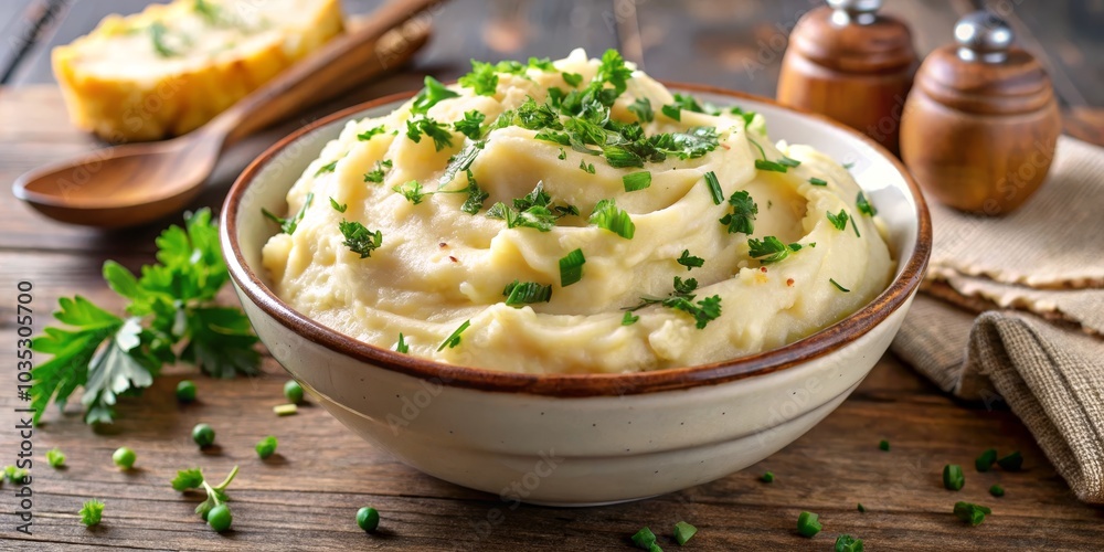 Creamy Mashed Potatoes with Parsley in a Bowl on Rustic Wooden Table, mashed potatoes, side dish Creamy Mashed Potatoes with Parsley in a Bowl on Rustic Wooden Table, mashed potatoes, side dish