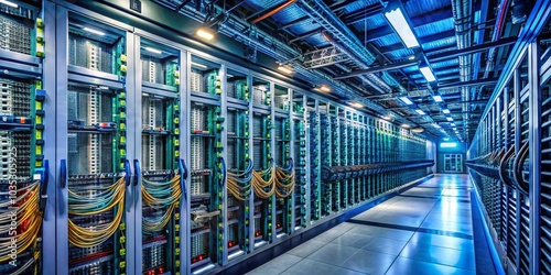 Data Center Server Room with Blue Lighting, Servers, and Cables, Data Center, Technology