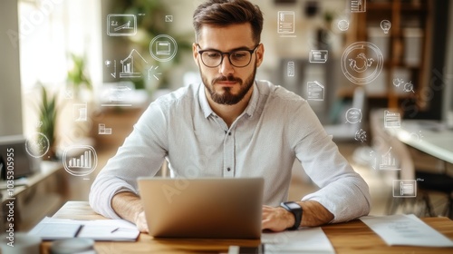 A focused businessman multitasks at his desk, surrounded by floating office icons, embodying the essence of modern freelance work and productivity in a bright, clean setting.