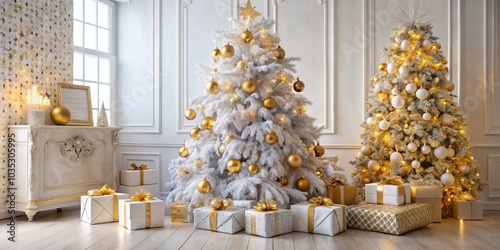 Elegant White and Gold Christmas Decor with Gifts, Christmas Tree, Decorations , Christmas