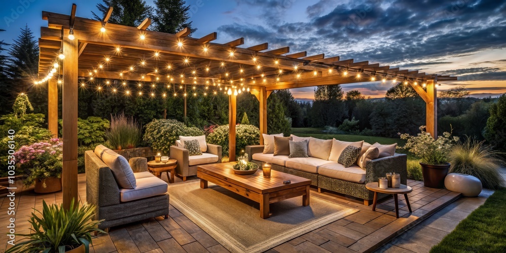 Evening Ambiance Cozy Patio with String Lights and Wooden Pergola, outdoor living, backyard design