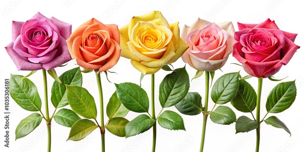 Five Colorful Roses in a Row, Isolated on White, Flower, Bouquet, ,roses, bouquet