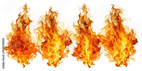 Fiery Flames Isolated on White Background, Fire, Heat