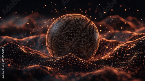 A basketball set against a futuristic digital landscape, illuminated with glowing particles, creating a dynamic and energetic visual effect. photo